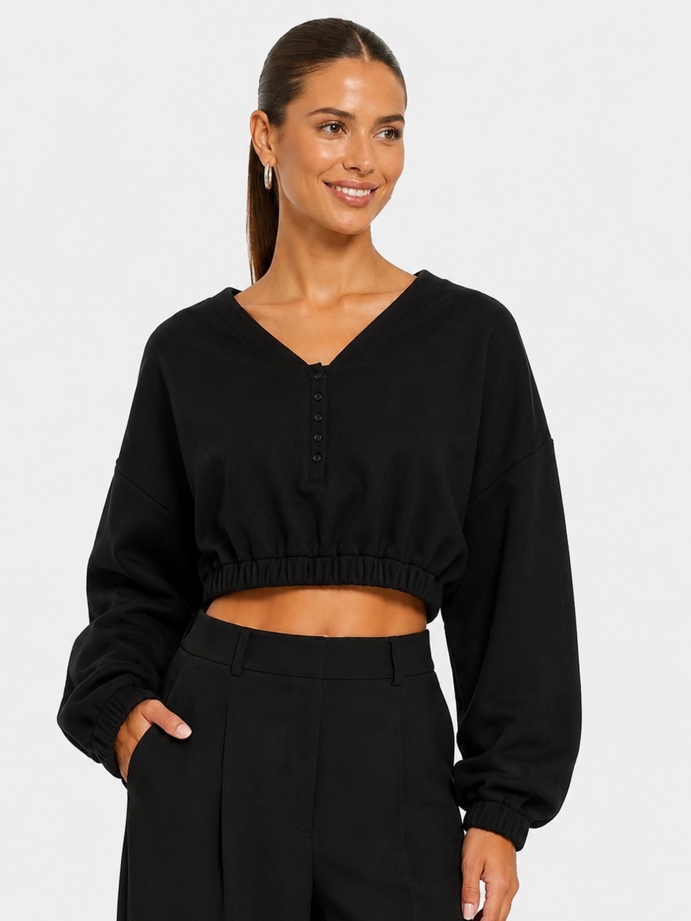 New Oak + Fort  women's cropped long sleeve black sweatshirt size S 60% cotton